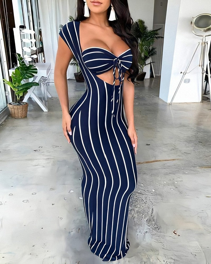 U-neck Cut Out Striped Maxi Dress