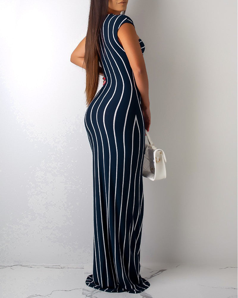 U-neck Cut Out Striped Maxi Dress