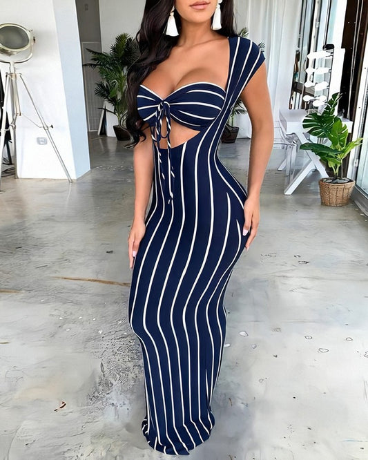 U-neck Cut Out Striped Maxi Dress